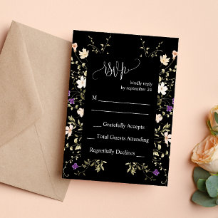 Elegant Black Wildflowers Wedding RSVP Card