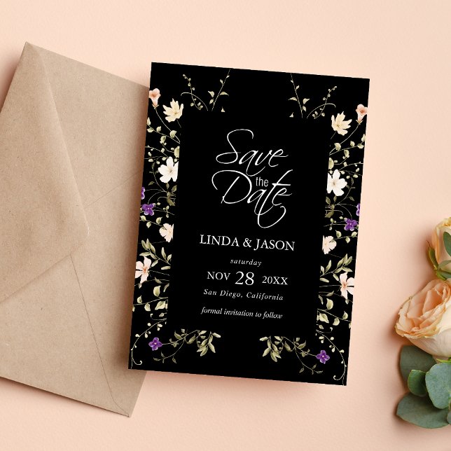 Elegant Black Wildflowers Wedding Save The Date Invitation (Creator Uploaded)