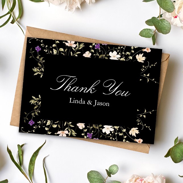 Elegant Black Wildflowers Wedding Thank You Card (Creator Uploaded)