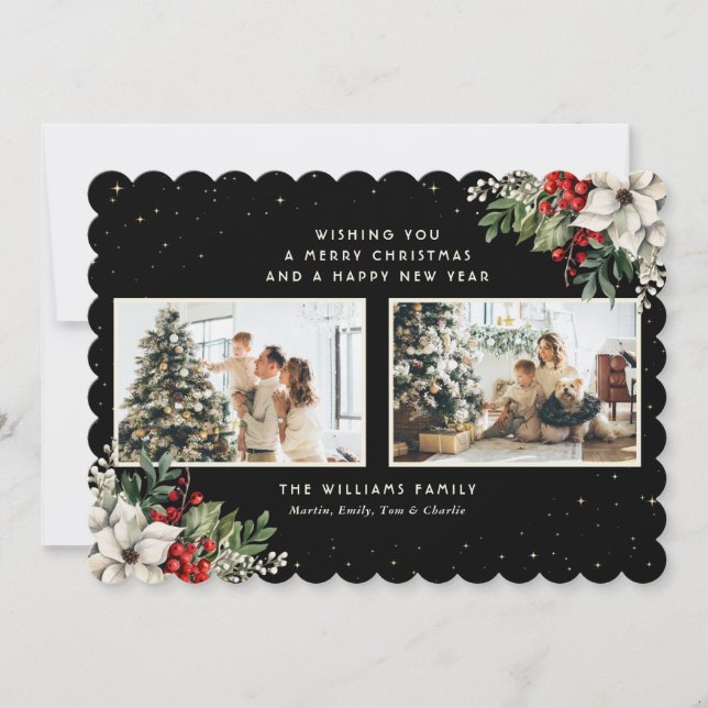 Elegant Black Winter Botanicals 2 Photo Holiday Card (Front)