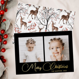 Elegant Black Winter Deer Pattern Two Photo Foil Holiday Card