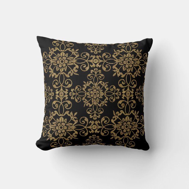 Elegant Black with Gold Glitter Damask Design Cushion (Front)