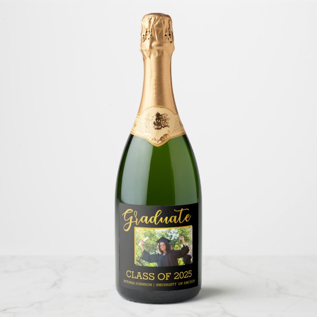 Elegant Black with Gold Glitter Graduate Photo  Sparkling Wine Label (Front)