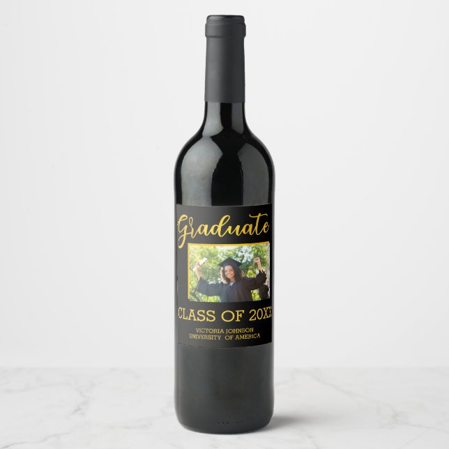Elegant Black with Gold Glitter Graduate Photo Wine Label (Front)