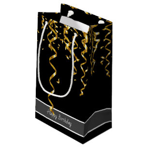 Elegant Black with Gold Streamers, Editable Text Small Gift Bag