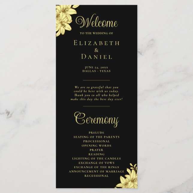 Elegant Black with Gold Typography Wedding Program (Front)