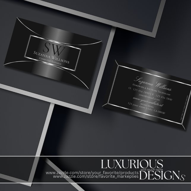 Elegant Black with Silver Decoration and Monogram Business Card (Creator Uploaded)