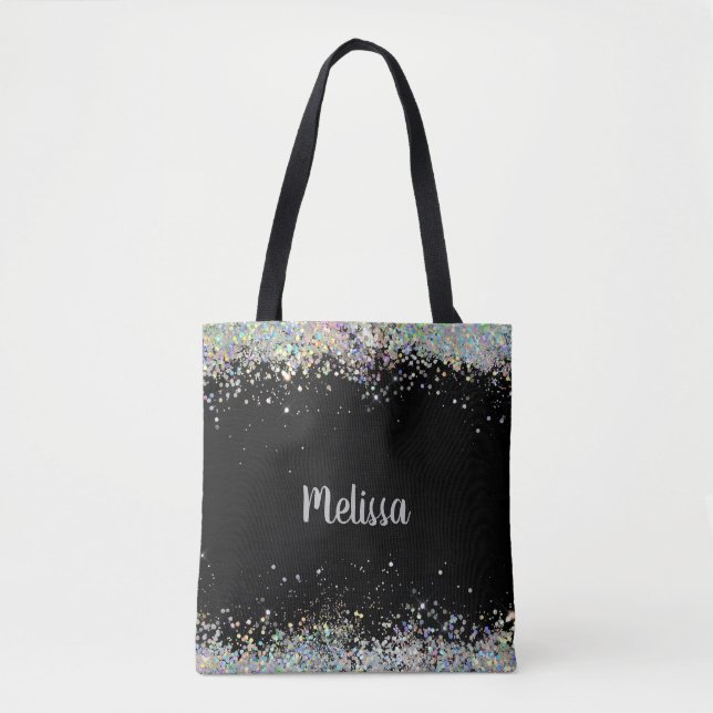 Elegant Black With Silver Glitter Monogram Tote Bag (Front)