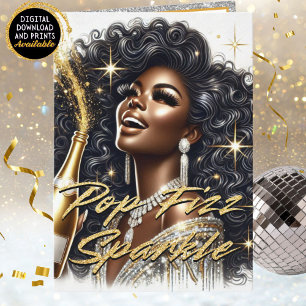 Elegant Black woman Black & Gold New Year Holiday Card