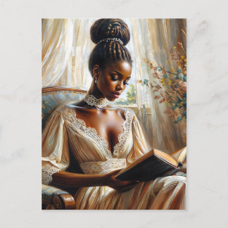 Elegant Black Woman Reading Vintage Style Postcard