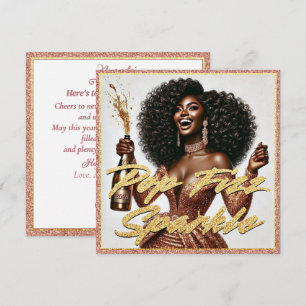 Elegant Black Woman Rose Gold Champagne New Year's Card