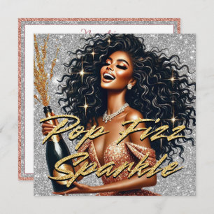 Elegant Black Woman Rose Gold Champagne New Year's Card