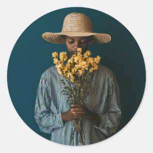 Elegant Black Woman with Flowers Classic Round Sticker