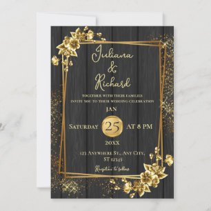 Elegant Black Wood & Gold Floral Wedding Invitatio Invitation
