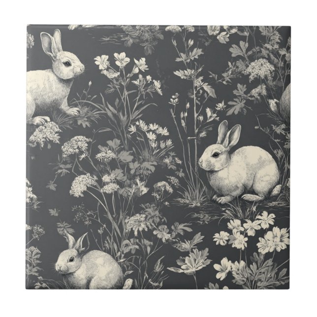 Elegant Black Woodland Rabbit Toile Pattern Ceramic Tile (Front)