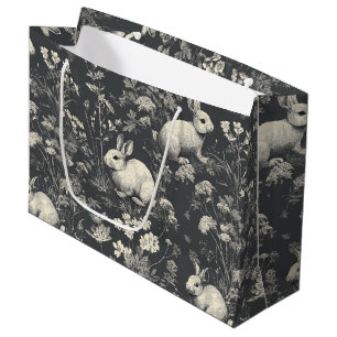 Elegant Black Woodland Rabbit Toile Pattern Large Gift Bag
