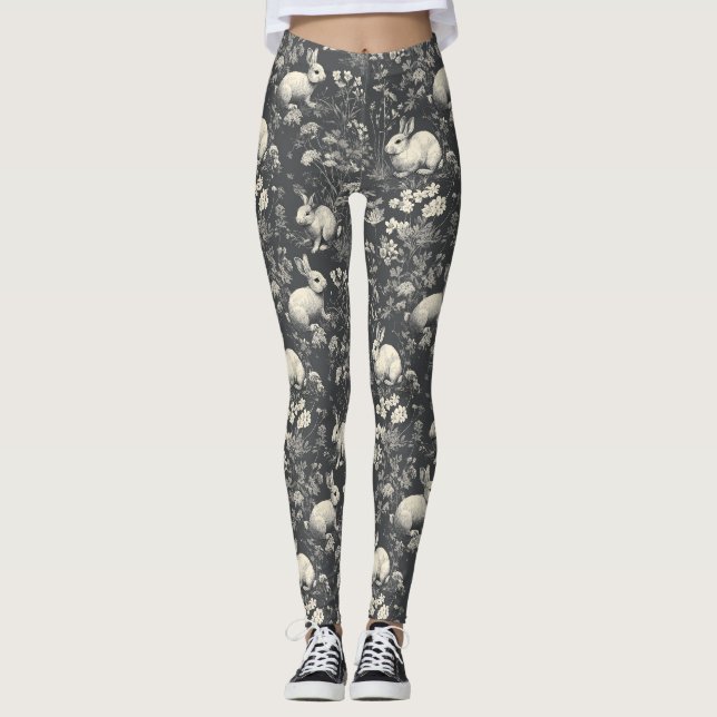 Elegant Black Woodland Rabbit Toile Pattern Leggings (Front)