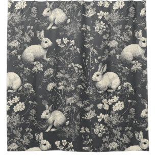 Elegant Black Woodland Rabbit Toile Pattern Shower Curtain