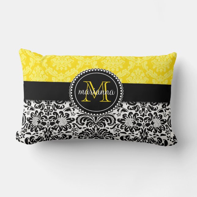 Elegant Black Yellow Damask Personalised Lumbar Cushion (Front)