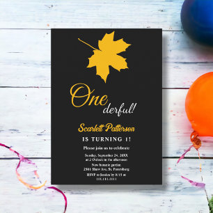Elegant Black Yellow Fall Leaves 1st Birthday Invitation