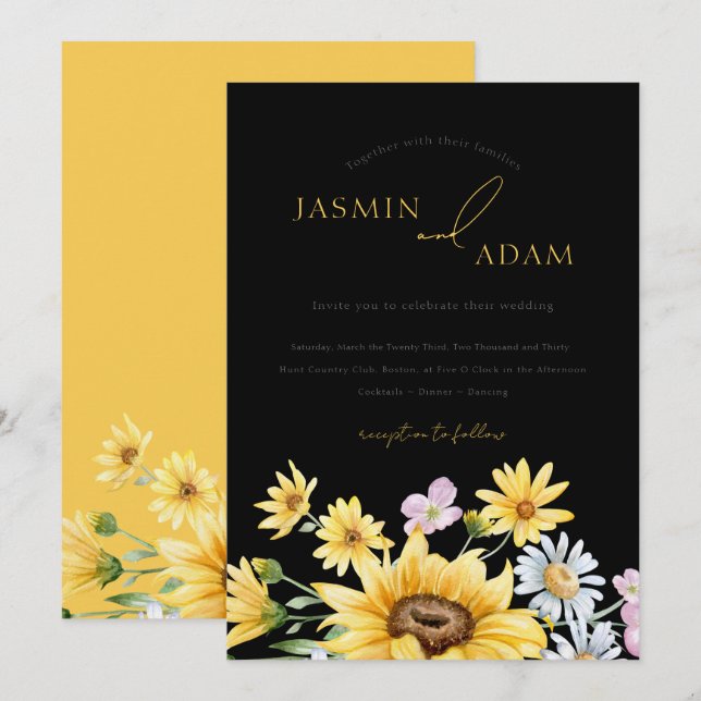 Elegant Black Yellow Sunflowers Floral Wedding Invitation (Front/Back)