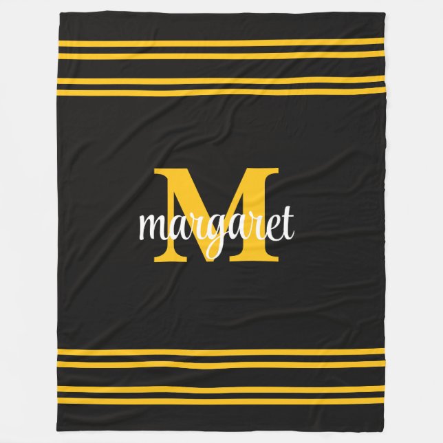 Elegant black &yellow white monogram name fleece blanket (Front)