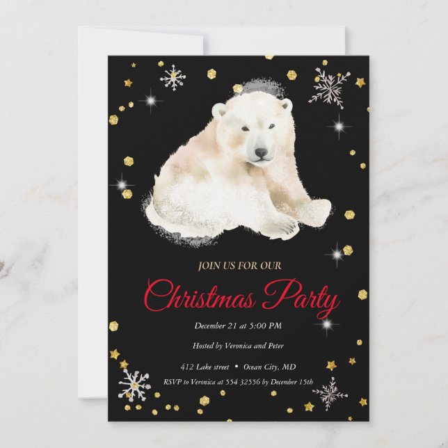 Elegant BlackPolar Bear , Frame Christmas Invitation (Front)