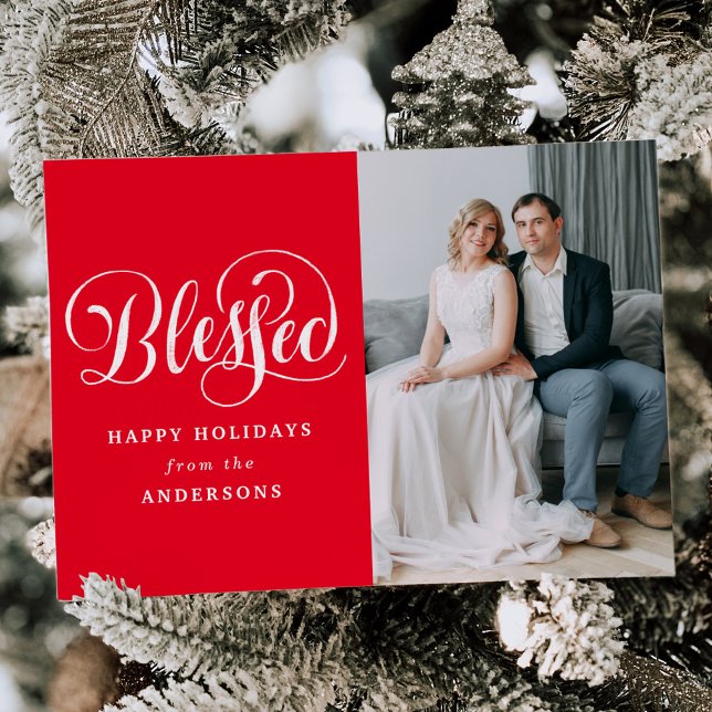 Elegant Blessed Hand-Lettered Script Red Photo Holiday Card (Creator Uploaded)
