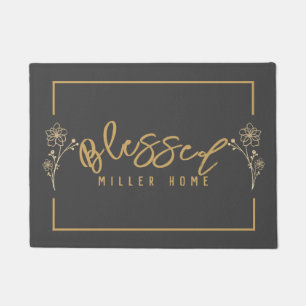 Elegant Blessed Home Flowers Grey Gold Custom Doormat