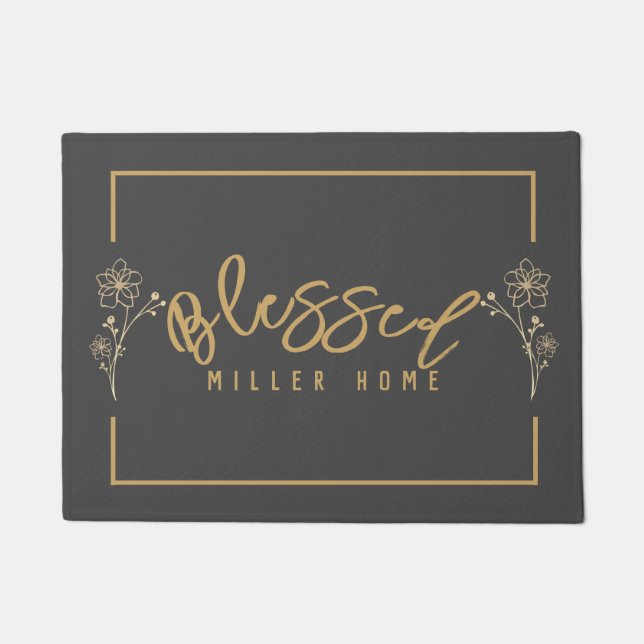 Elegant Blessed Home Flowers Grey Gold Custom Doormat (Front)