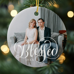 Elegant Blessed Script Photo Ceramic Ornament