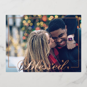 Elegant Blessed Script Photo Foil Holiday Postcard