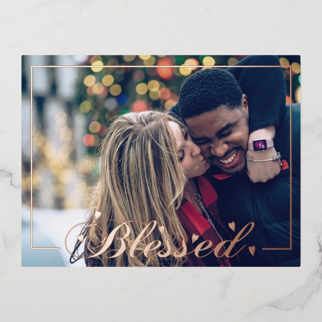 Elegant Blessed Script Photo Foil Holiday Postcard (Front)