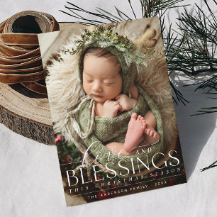 Elegant Blessing Photo Greenery Baby 1st Christmas Holiday Card