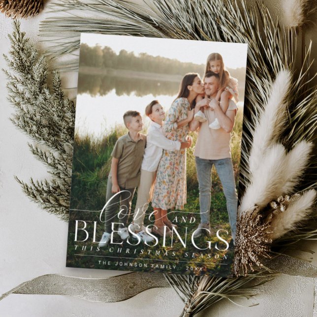 Elegant Blessings Script Photo Greenery Christmas Holiday Card (Modern minimalist photo script typography Merry Christmas botanical greenery Blessings Holiday Card)