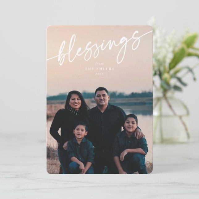 Elegant 'Blessings' White Typographic Script Holiday Card (Standing Front)