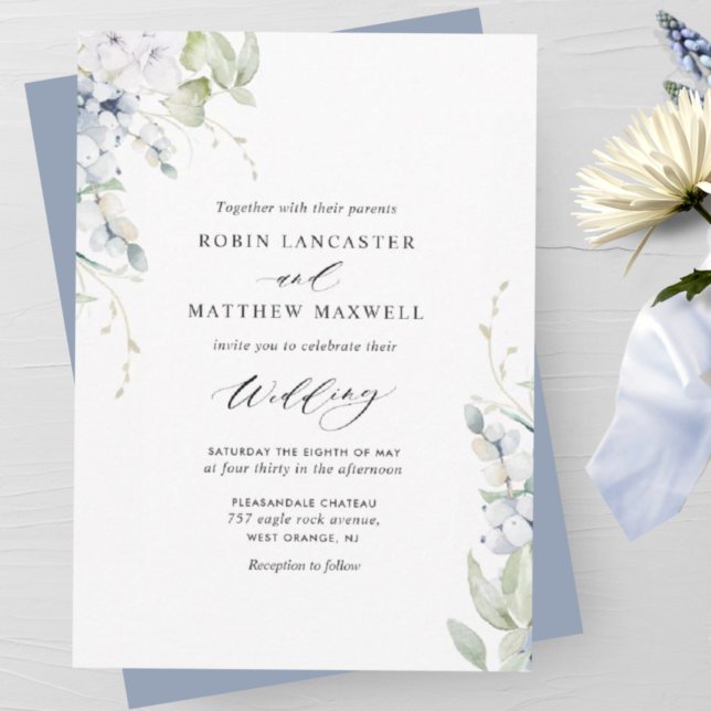 Elegant Bliss, Dusty Blue White Floral Wedding Invitation (Creator Uploaded)