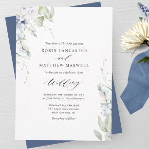 Elegant Bliss, Navy Blue White Floral Wedding Invitation