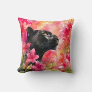 Elegant Blooming Floral Wild Black Panther Cushion