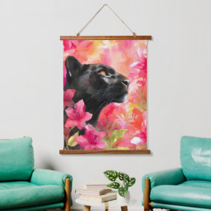 Elegant Blooming Floral Wild Black Panther Hanging Tapestry