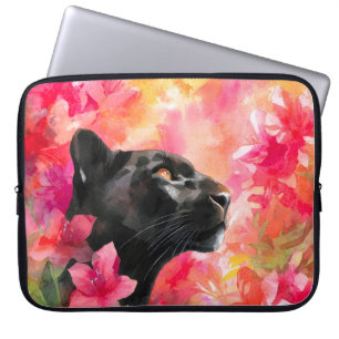 Elegant Blooming Floral Wild Black Panther Laptop Sleeve