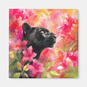 Elegant Blooming Floral Wild Black Panther Magnet