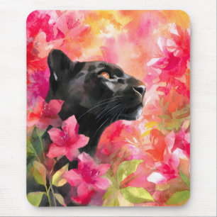 Elegant Blooming Floral Wild Black Panther Mouse Pad