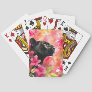 Elegant Blooming Floral Wild Black Panther Playing Cards