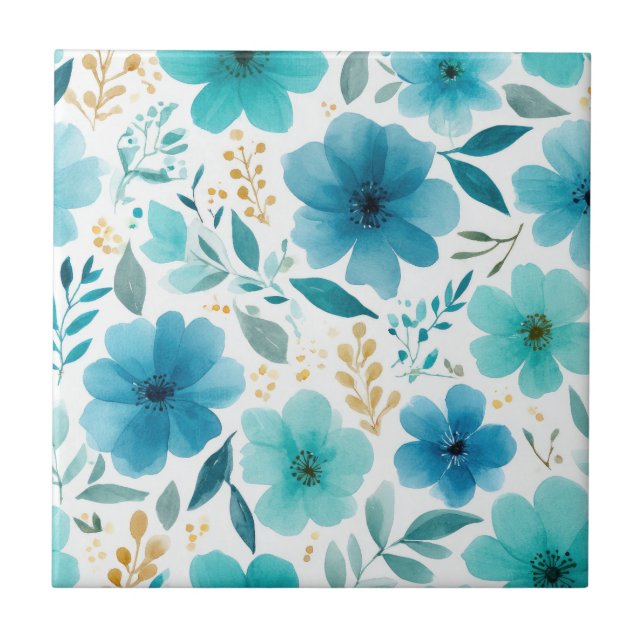 Elegant Blooming Flowers Blue Botanical Watercolor Ceramic Tile (Front)