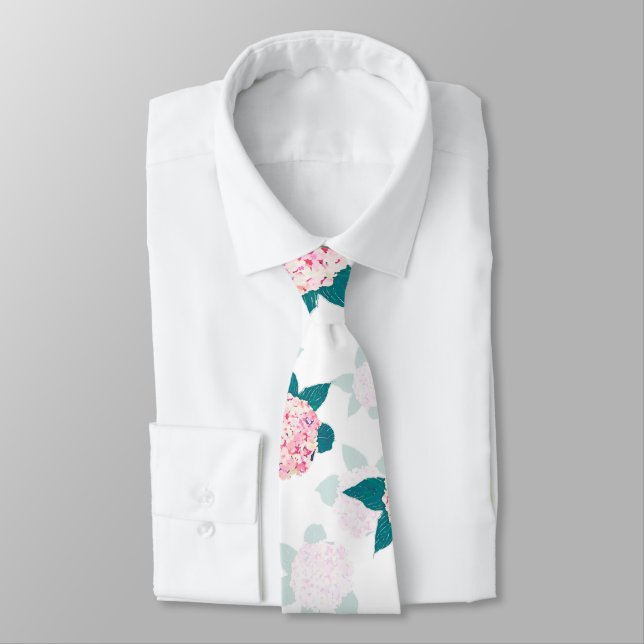 Elegant Blooming Hydrangea Pink White Floral Tie (Tied)