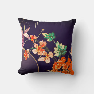 Elegant Blooming Orange Floral   Eggplant Cushion