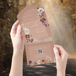 Elegant Blooms Light Terracotta Wedding QR RSVP All In One Invitation