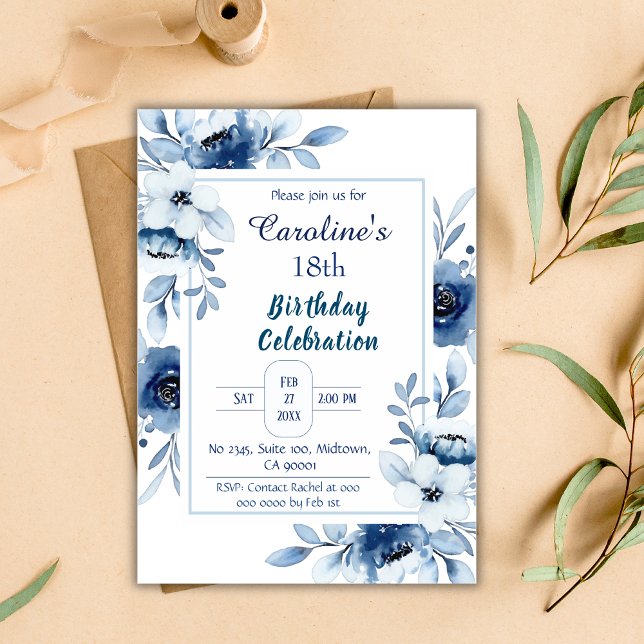 Elegant blue 18th birthday floral shades of blue  invitation (Creator Uploaded)