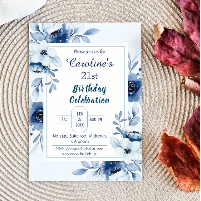 Elegant blue 21st birthday floral shades of blue invitation (Creator Uploaded)
